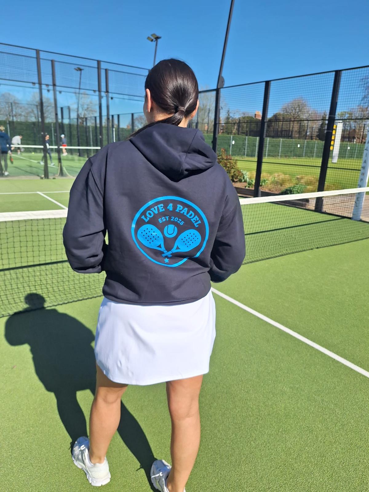 Love4Padel navy blue unisex cotton hoodie with light blue logo