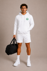 Love4Padel white unisex cotton hoodie with wimbledon green logo
