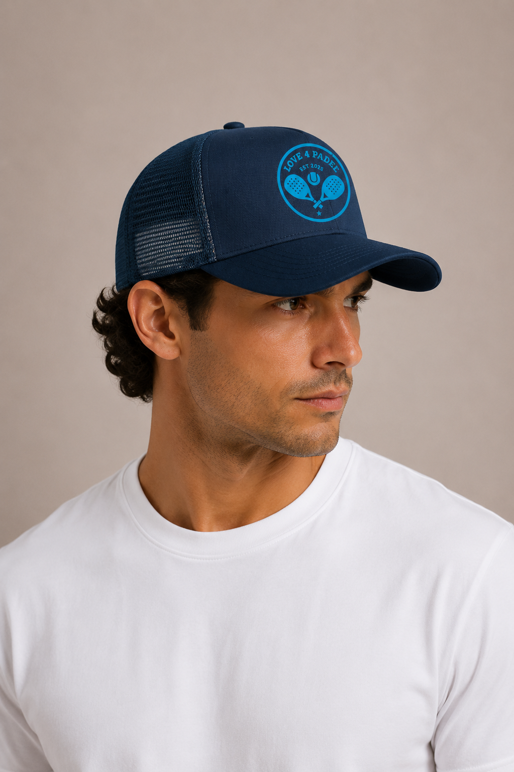 Love4Padelunisex navy blue trucker cap with light blue logo