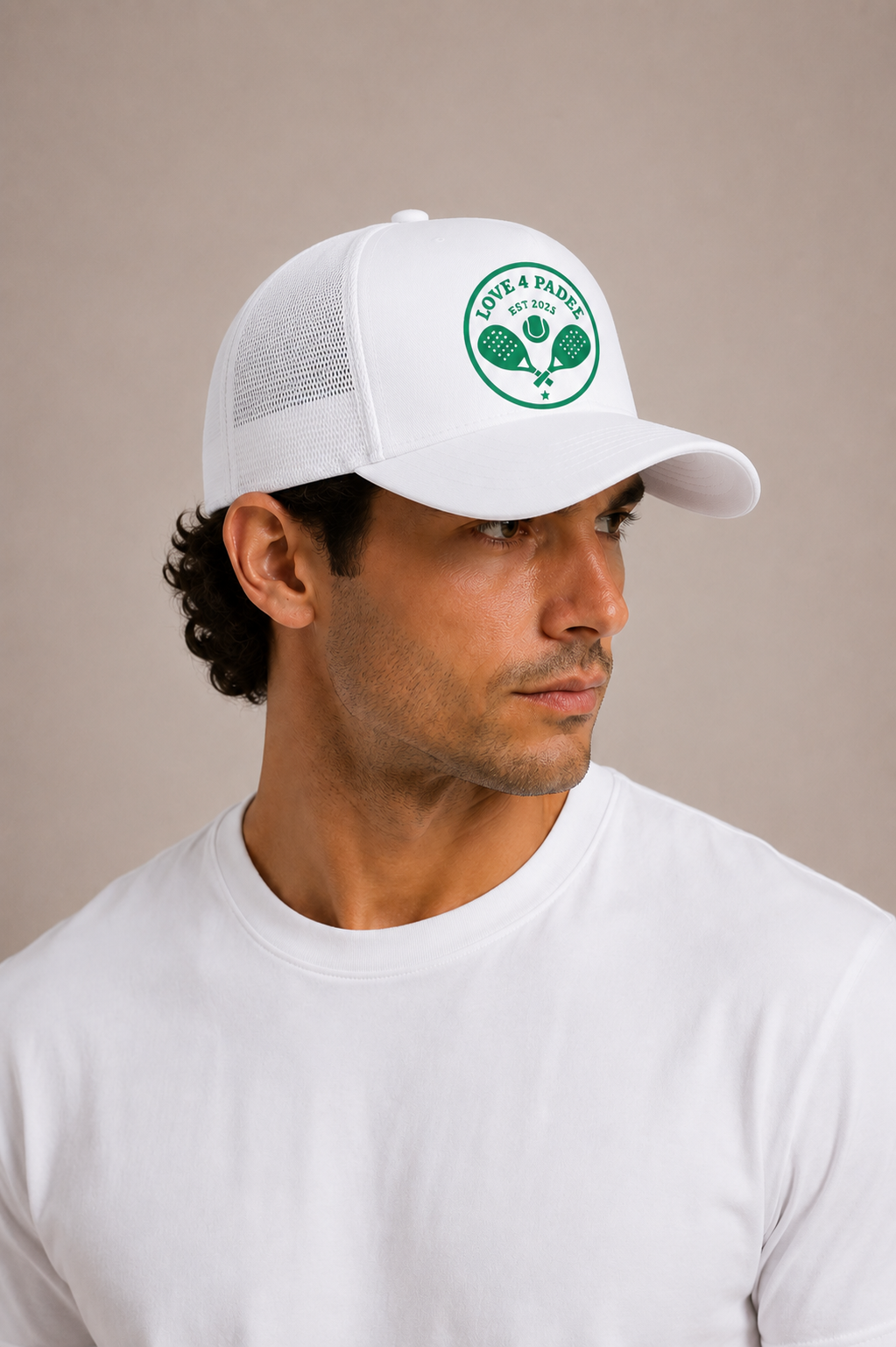 Love4Padelunisex white trucker cap with wimbledon green logo