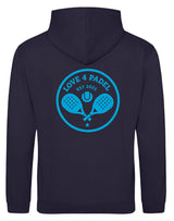 Love4Padel navy blue unisex cotton hoodie with light blue logo