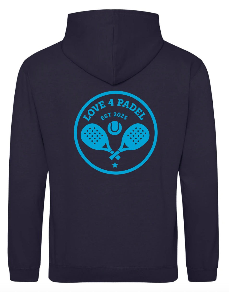 Love4Padel navy blue unisex cotton hoodie with light blue logo