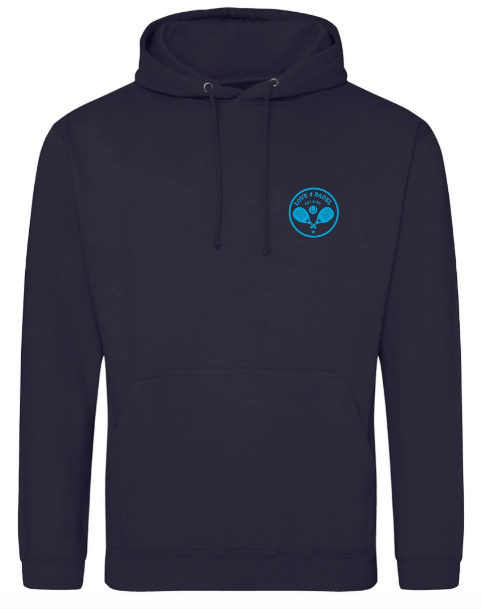 Love4Padel navy blue unisex cotton hoodie with light blue logo