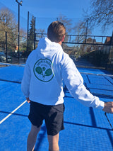 Love4Padel white unisex cotton hoodie with wimbledon green logo