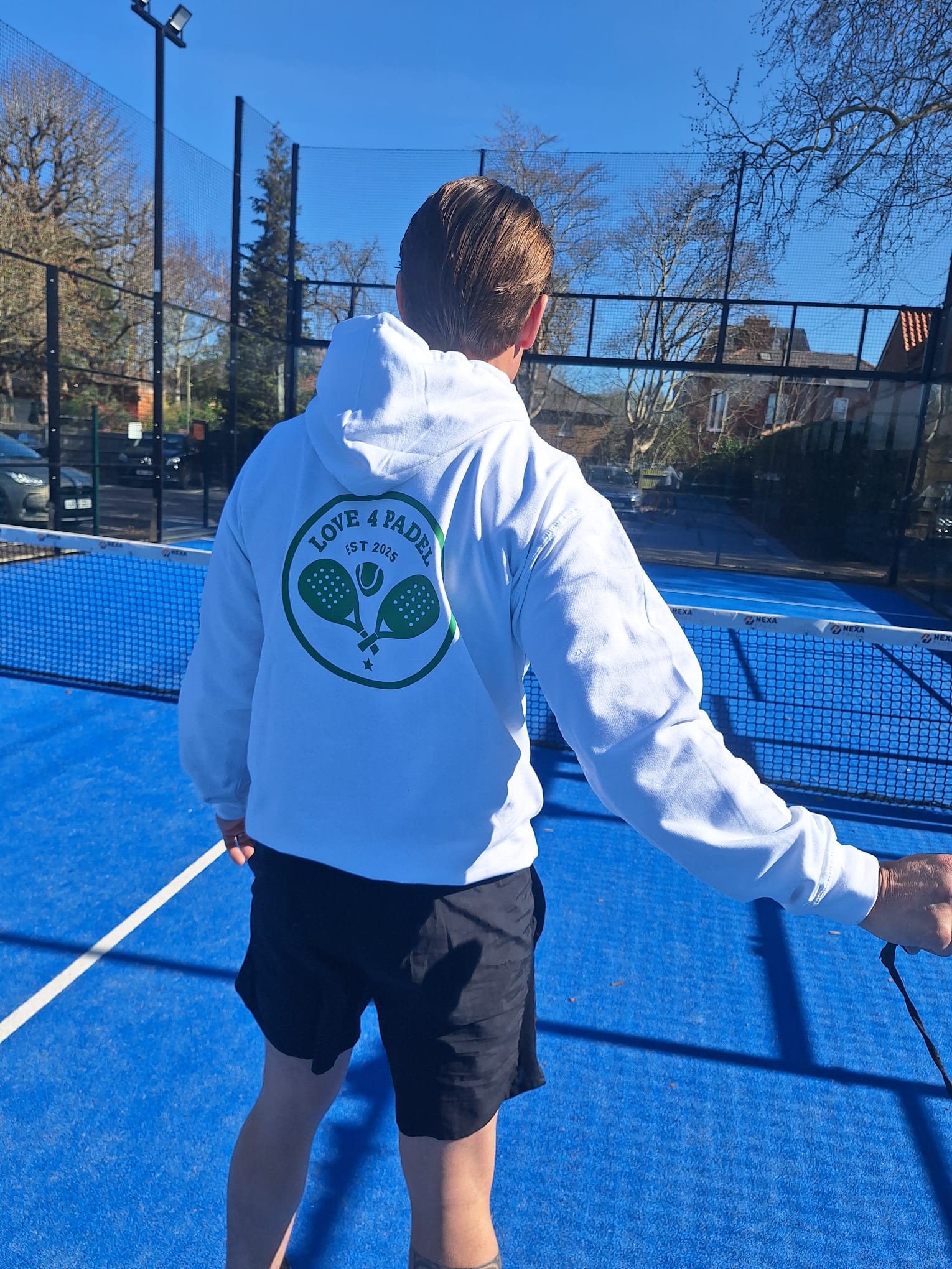 Love4Padel white unisex cotton hoodie with wimbledon green logo