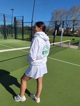 Love4Padel white unisex cotton hoodie with wimbledon green logo