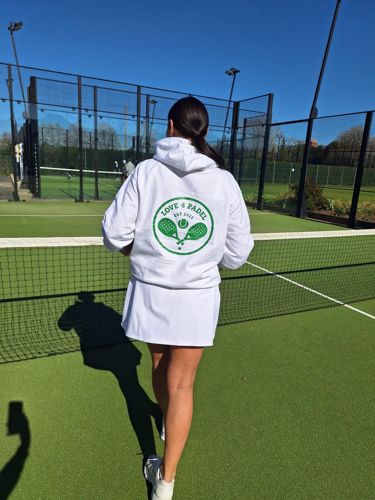 Love4Padel white unisex cotton hoodie with wimbledon green logo