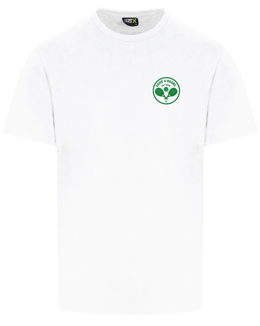 Love4Padel white unisex cotton t-shirt with wimbledon green logo