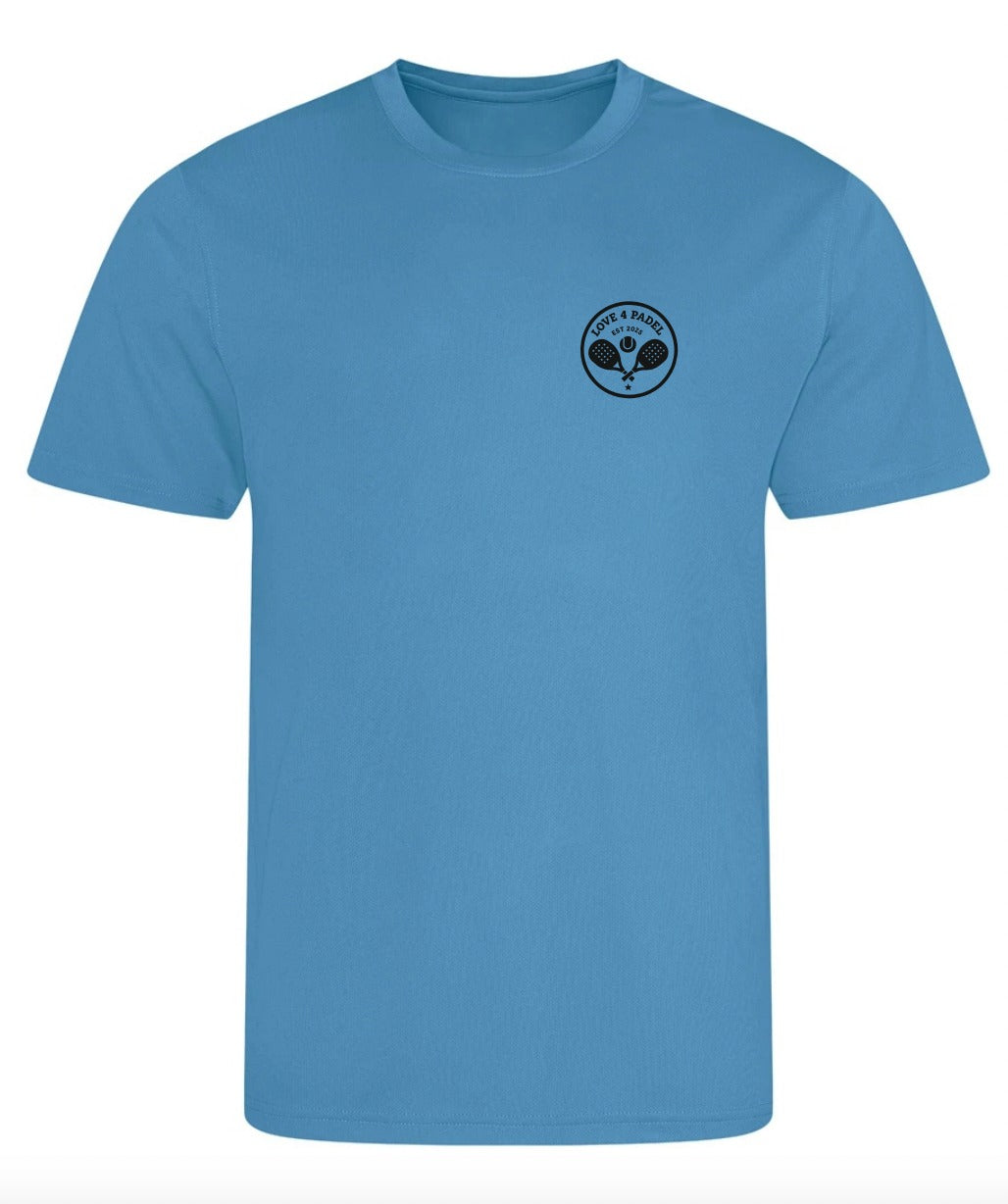Love4Padel unisex light blue performance t-shirt with black logo