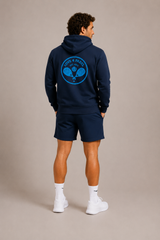 Love4Padel navy blue unisex cotton hoodie with light blue logo