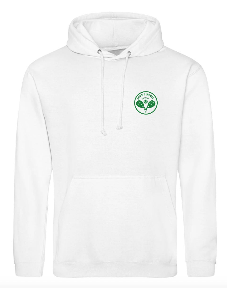 Love4Padel white unisex cotton hoodie with wimbledon green logo