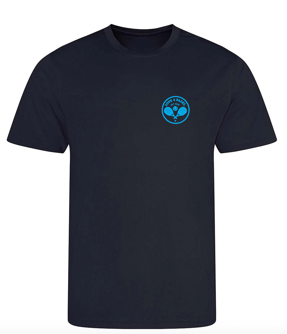 Love4Padelunisex navy blue performance t-shirt with light blue logo