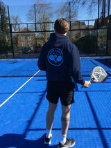 Love4Padel navy blue unisex cotton hoodie with light blue logo