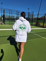 Love4Padel white unisex cotton hoodie with wimbledon green logo